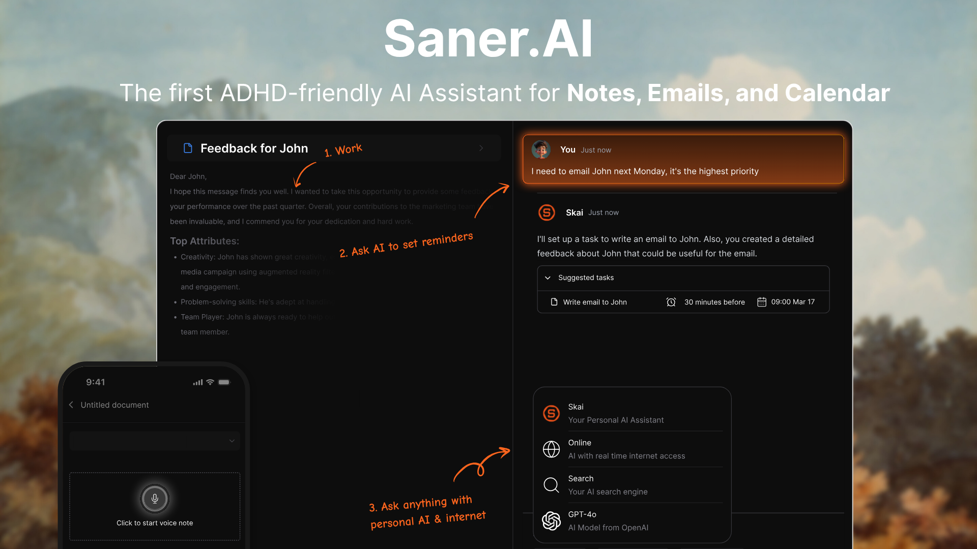Saner AI homepage
